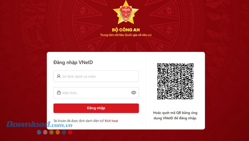Giao diện đăng nhập tài khoản tại trang web VNeID