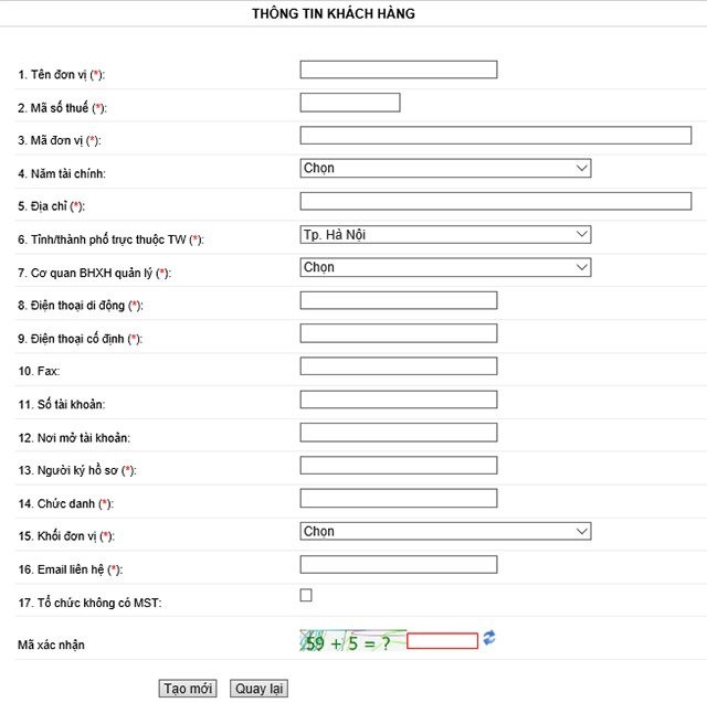 Nhập thông tin đăng ký VNPT BHXH