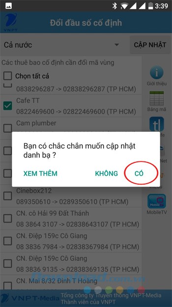 Cập nhật đầu số cố định