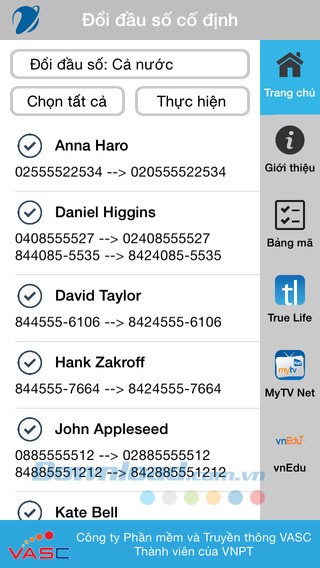 Menu chính của VNPT Update Contacts