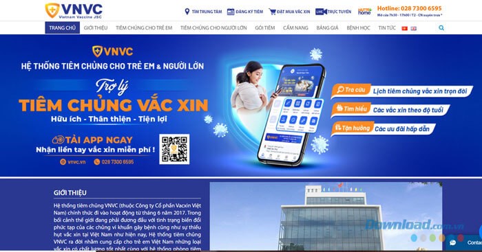 Giao diện trang chủ của Cổng thông tin tiêm chủng VNVC