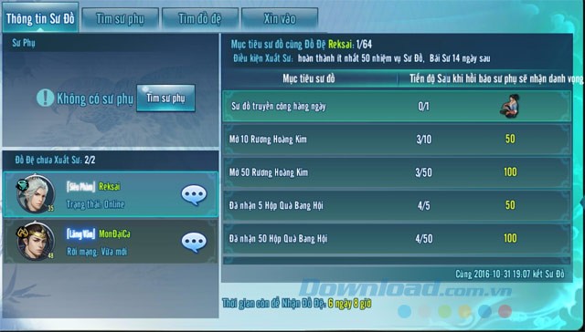 Thông tin sư đồ, tìm sư phụ, đồ đệ trong VoLamTruyenKyMobile