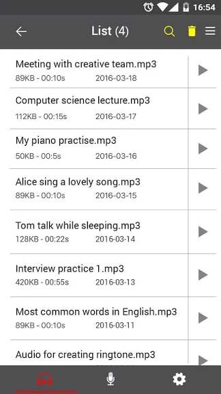 Danh sách file ghi âm trên Voice Recorder cho Android