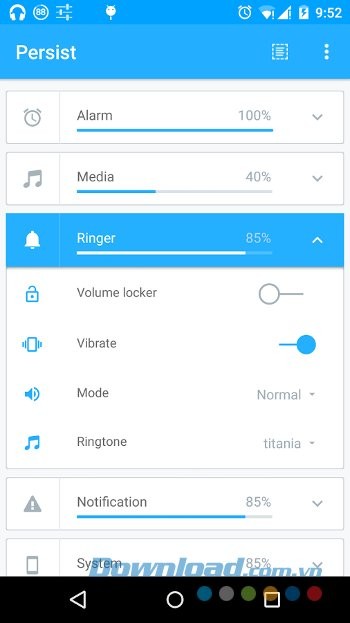 Các tùy chỉnh cụ thể cho từng preset trong Volume Control