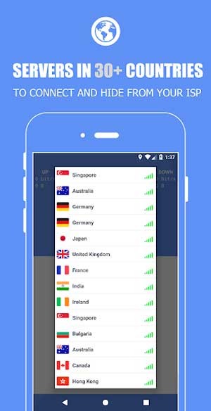 VPN Master for Android cung cấp máy chủ tại hơn 30 quốc gia trên thế giới