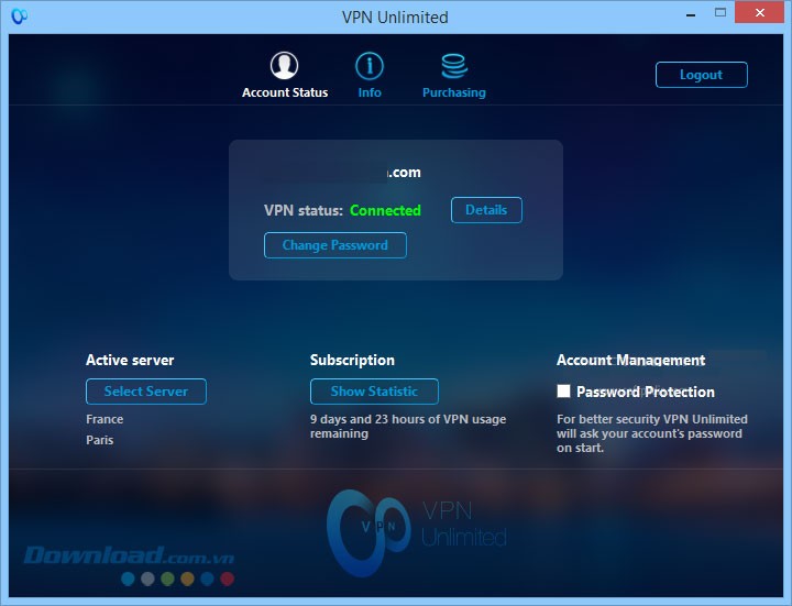 Giao diện phần mềm VPN Unlimited