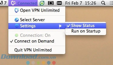 Các lựa chọn của VPN Unlimited trên dock