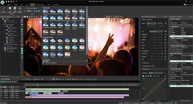 Thoải mái chọn hiệu ứng, chỉnh màu video, lồng nhạc... với VSDC Free Video Editor