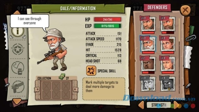 Xem thông tin chi tiết về nhân vật trong game chiến thuật miễn phí Waves of Zombies cho máy tính và Windows Phone