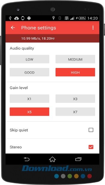 Các thiết lập của Wear Audio Recorder
