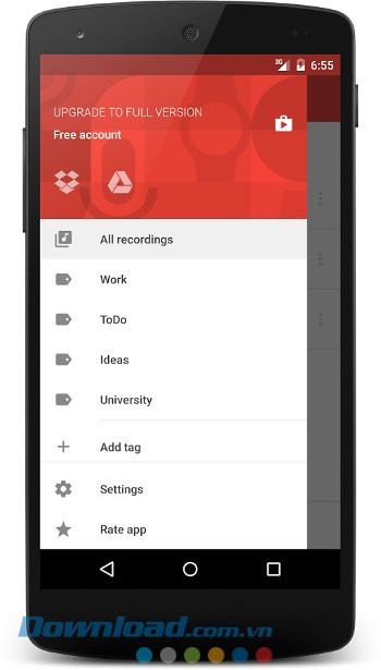 Menu ứng dụng Wear Audio Recorder
