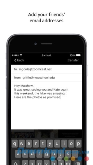 Nhập email người nhận lên WeTransfer cho iOS