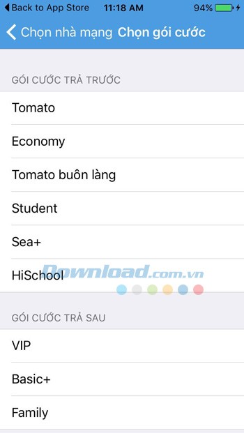 Chọn gói cước đang sử dụng