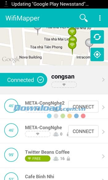 WifiMapper hiển thị các trạm phát WiFi tìm thấy