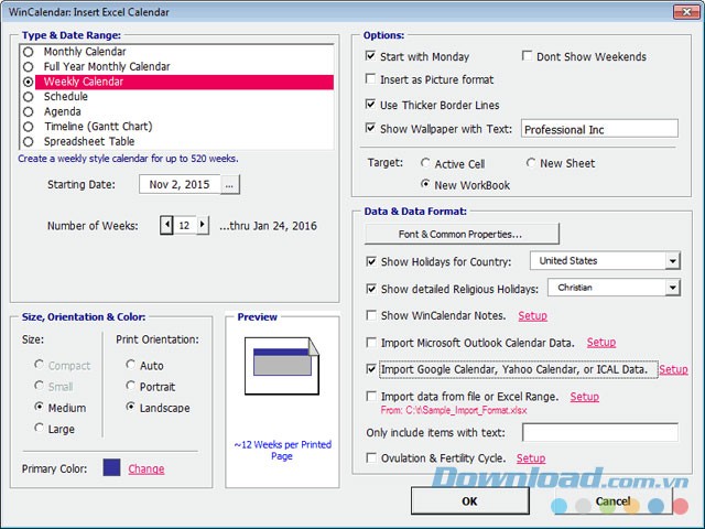 Tùy chọn trong WinCalendar