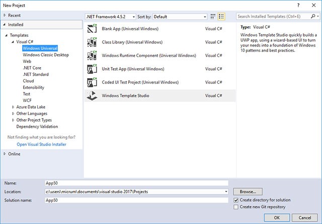 Giao diện Windows Template Studio