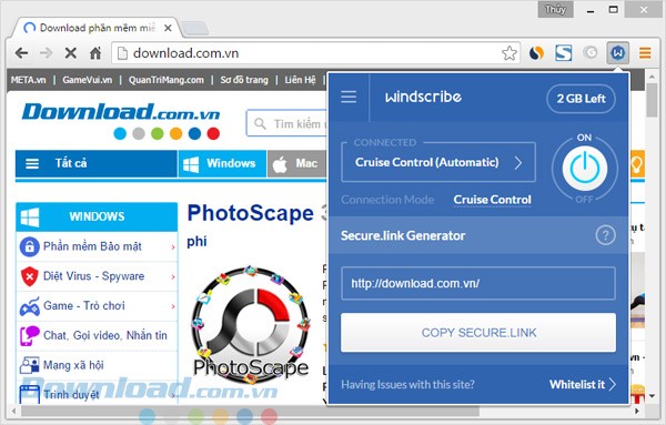 Giao diện của Windscribe cho Chrome