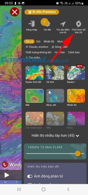 Theo dõi bão trong app Windy