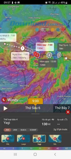 Theo dõi bão trong app Windy