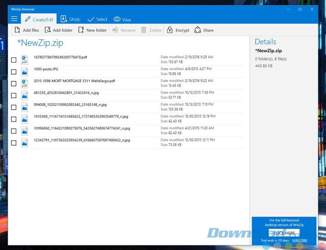 Giao diện ứng dụng WinZip Universal