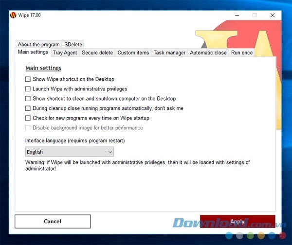 Cửa sổ cài đặt chính của Wipe