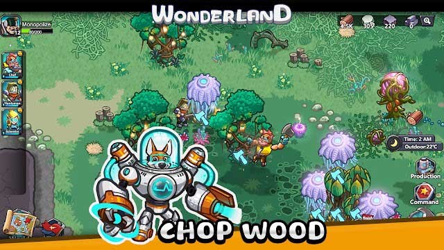 Chặt cây lấy gỗ và khai thác tài nguyên để củng cố sức mạnh của mình trong game Wonder Land