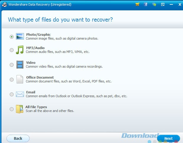 Chọn kiểu dữ liệu muốn khôi phục