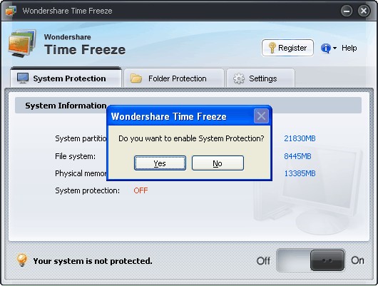 Wondershare Time Freeze với tính năng bảo vệ hệ thống