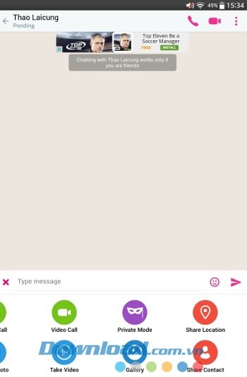 Các tùy chọn trong giao diện nhắn tin của WowApp