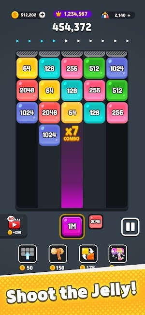 Bắn các viên thạch lên trên và hợp nhất các khối số giống nhau trong game X2 JELLYMERGE