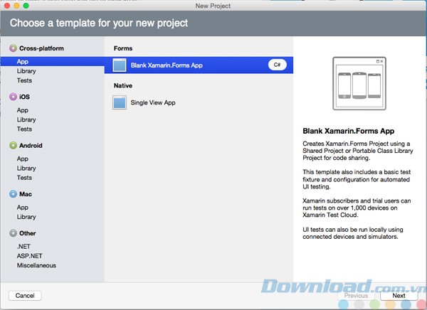 Tạo dự án mới trong Xamarin Studio cho Mac