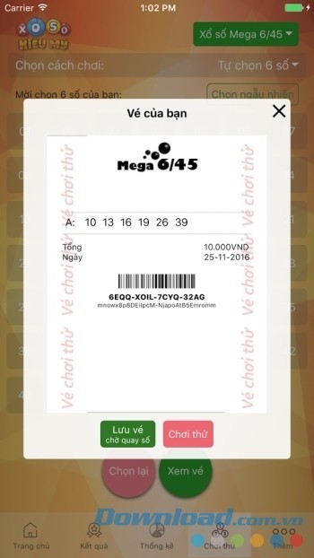 chọn lưu vé chơi thử