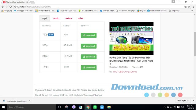 y2mate.com hỗ trợ nhiều định dạng video tải về chất lượng cao