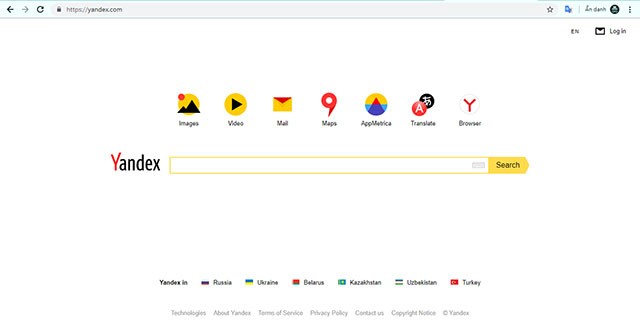 Giao diện trang chủ của Yandex Search
