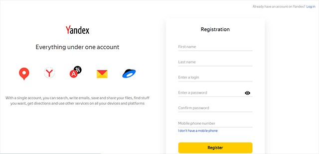 Đăng ký Yandex Mail dễ dàng