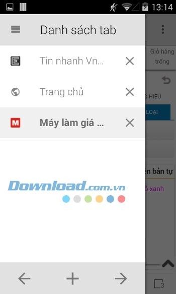 Danh sách tab đã mở của Yolo Browser Mini cho Android