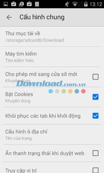 Thay đổi các thiết lập cấu hình trong Yolo Browser Mini cho Android