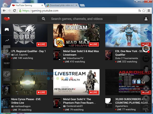 Giao diện chính của YouTube Gaming