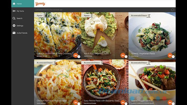 Menu chính của ứng dụng Yummly cho Windows 10