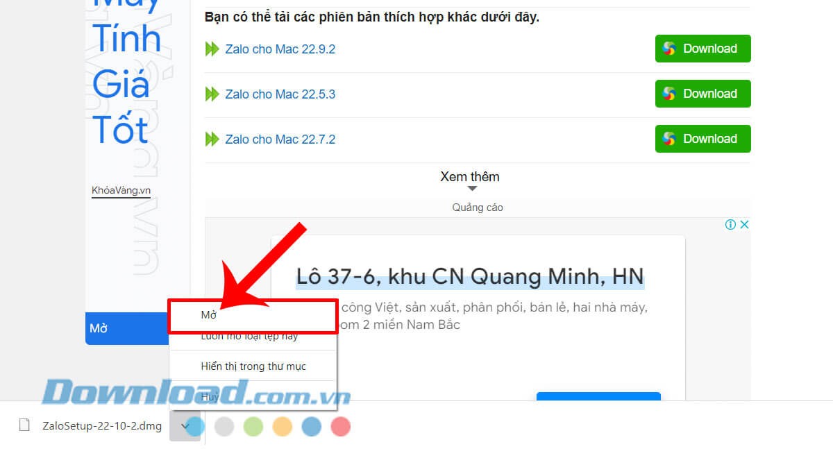 Click chuột vào nút Mở
