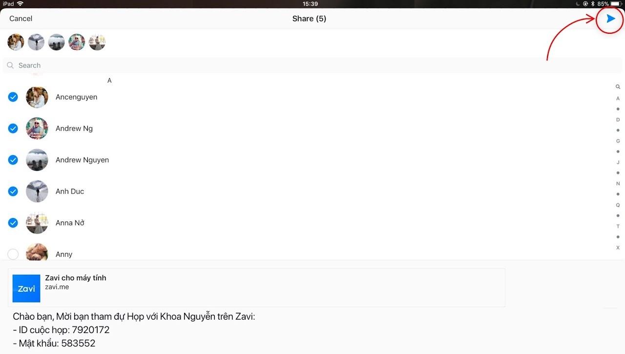 Chọn thành viên chia sẻ