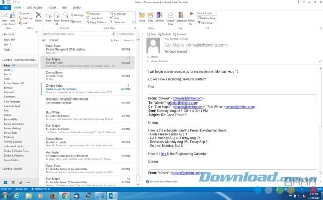Giao diện gọn gàng của ứng dụng Zimbra Connector cho máy tính