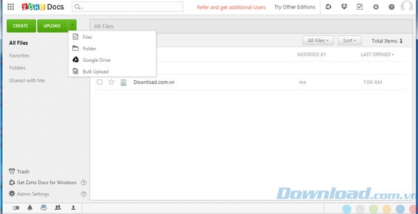 Giao diện chính của Zoho Docs