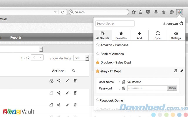 Giao diện của Zoho Vault cho Firefox