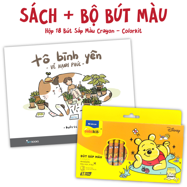 bộ combo sách tô bình yên vẽ hạnh phúc + hộp 18 bút sáp màu crayon - colorkit cr-c013/po - hình gấu pooh