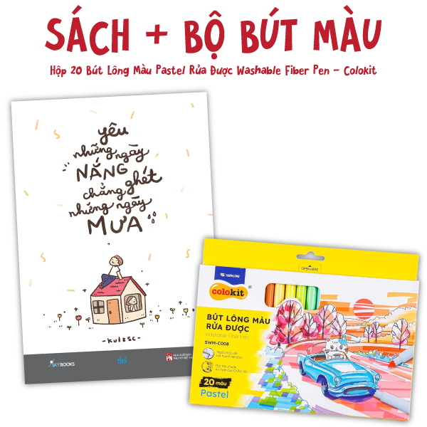 bộ combo sách yêu những ngày nắng chẳng ghét những ngày mưa + hộp 20 bút lông màu pastel rửa được washable fiber pen - colokit swm-c008