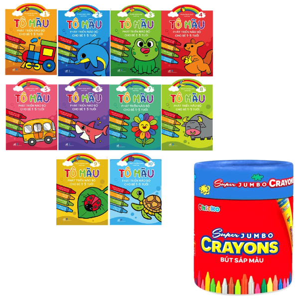 combo bộ tô màu phát triển trí não 10 cuốn + bút sáp màu