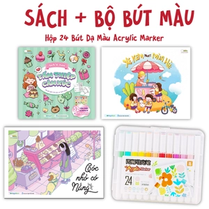 combo sách tô màu xe kem ngọt mùa hè + góc nhỏ có nắng + tấm thiệp cảm xúc + hộp 24 bút dạ màu acrylic marker - 9053a